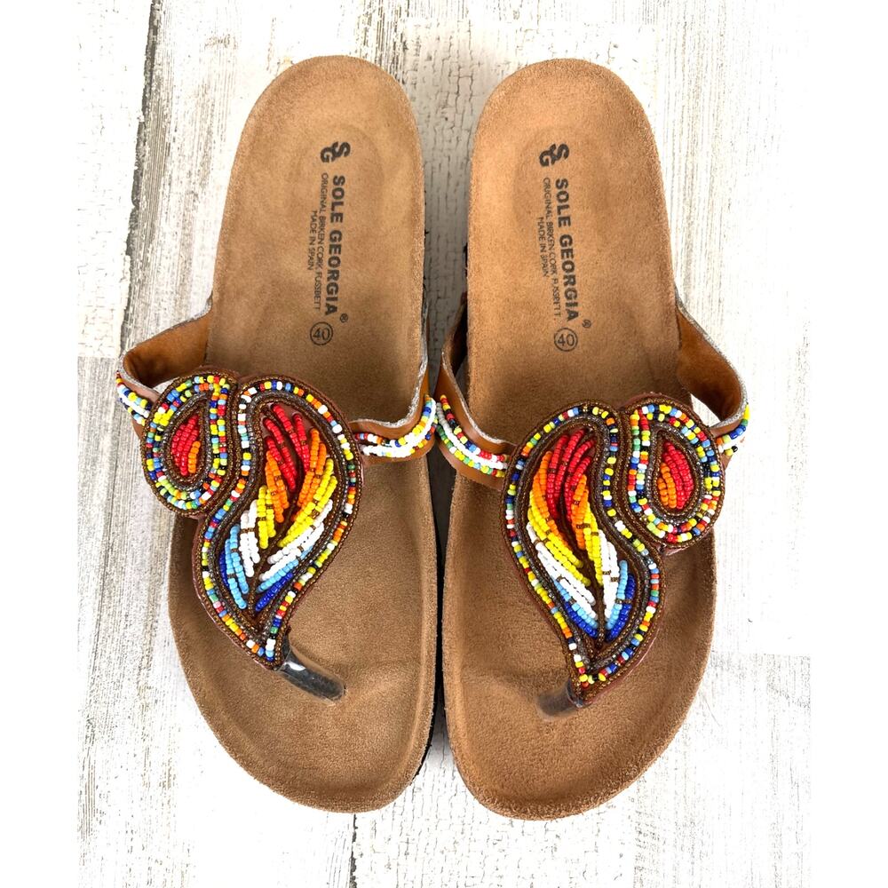 Sole Georgia Womens EU 40 Rainbow Hand Beaded Thong Sandals Slip On NEW